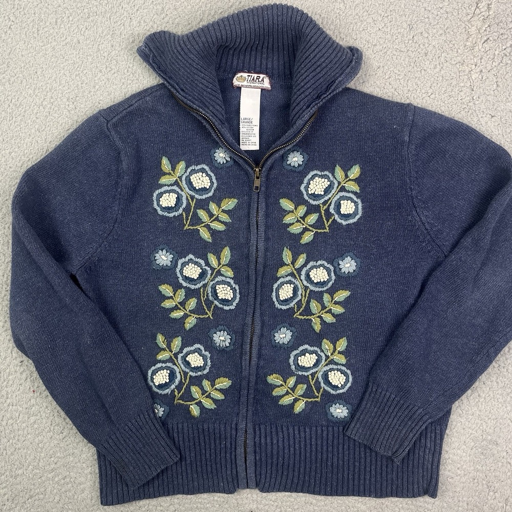 Tiara International Zip-Up‎ Embroidered Long Sleeve Cardigan Sweater Blue Large